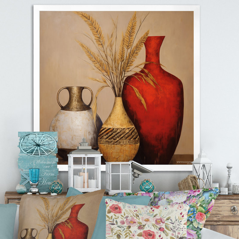 Nature morte avec vase gracieux «I» sur toile, Cadre simple blanc, H 24 po x l 24 po x P 1 po