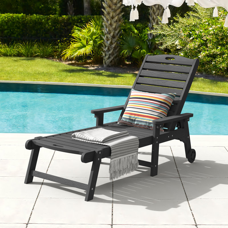 Oversized Plastic Outdoor Chaise Lounge Chair With Wheels And Adjustable Backrest, Black