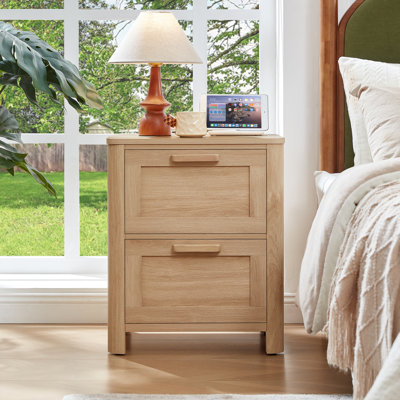 Farmhouse Nightstand With Charging Station, End Tables Bedroom With 2 Large Drawers & 4 Thickened Table Legs