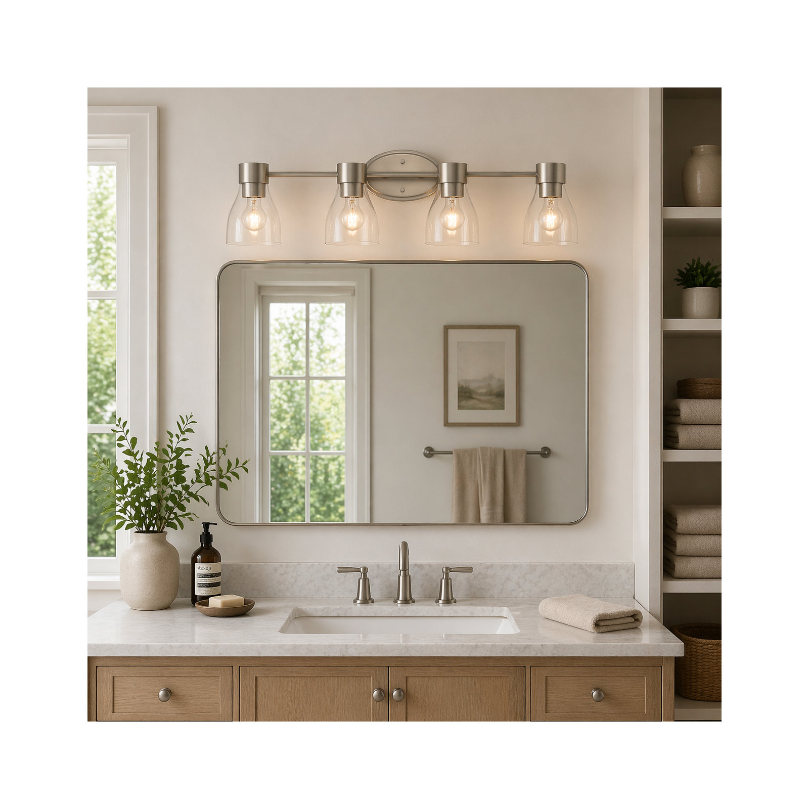 3-Light Brushed Brass Vanity Light with Clear Glass Shades, 4, Brushed Nickel