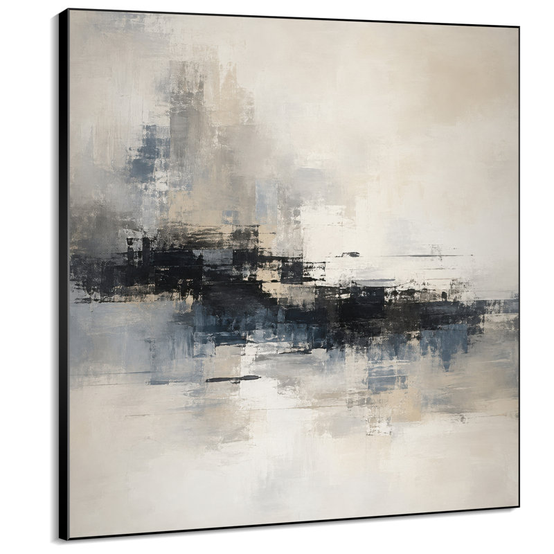 Impression sur tissu grand format - Design abstrait minimaliste noir, gris et beige pour salon ou chambre - « Assemblage du cadre requis (cadre non fini) »