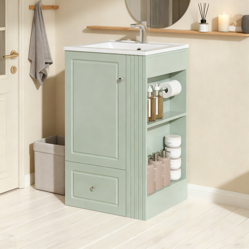 Meuble-lavabo autoportant avec lavabo en céramique, trou de robinet simple, rangement en panneau de fibres à densité moyenne, tiroir à fermeture en douceur, tablettes ouvertes et barre à serviettes en pin pour les espaces compacts