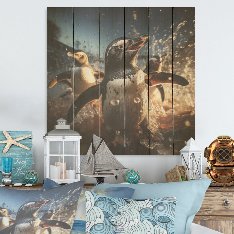 Valse de pingouin aquatique ludique - Art sur bois de pin pingouin, H 36 po x l 36 po
