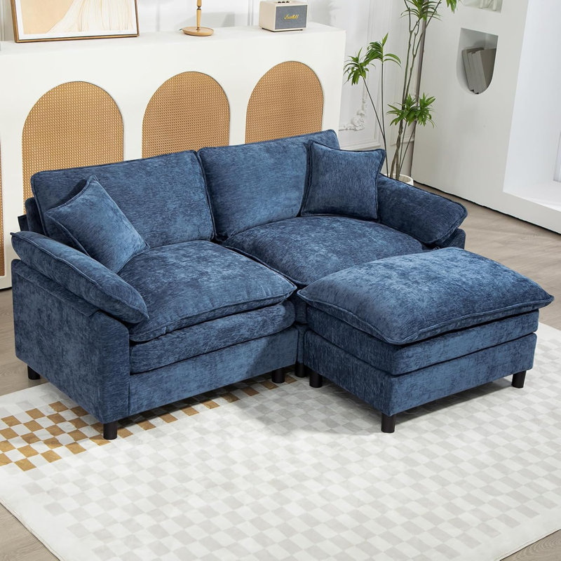 Upholstered L-Shape Sectional With Ottoman, 34.6" H x 80" W x 57.8" D, Blue Chenille