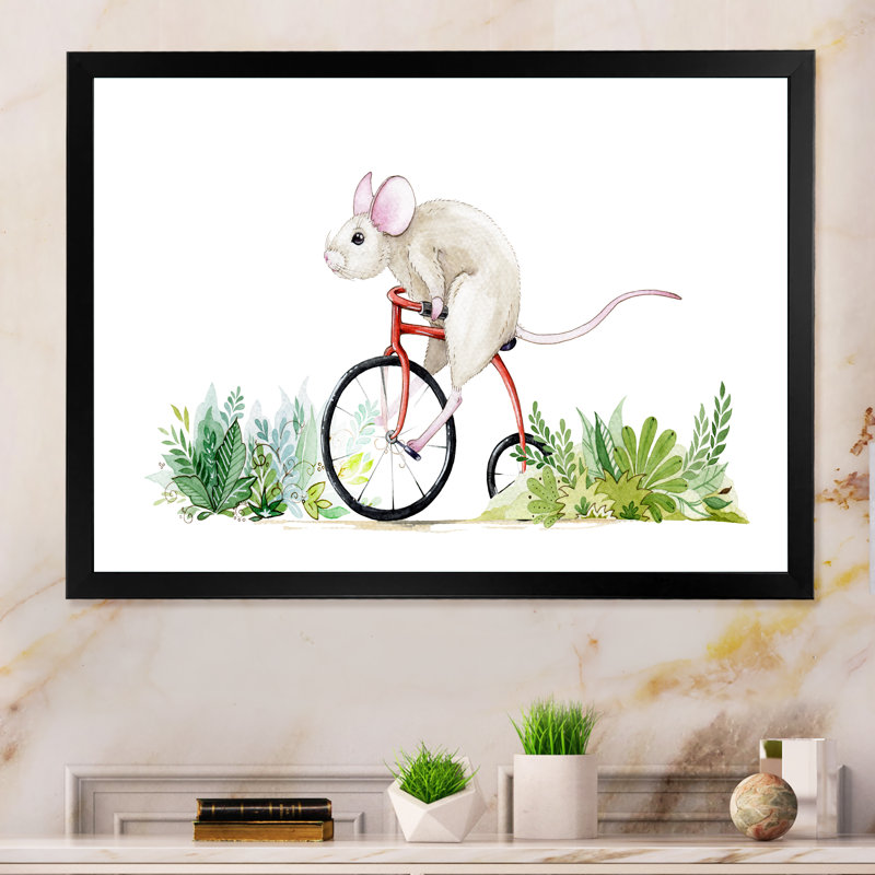 Mignonne petite souris chevauchant un motard II - impression sur toile tendue, H 8 po x l 12 po x P 1 po, Cadre photo noir