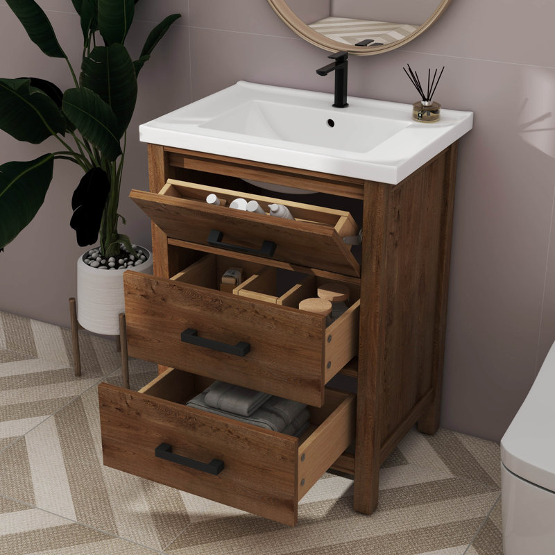 Meuble-lavabo 24 po avec lavabo en céramique, unité de rangement moderne comprenant 3 tiroirs