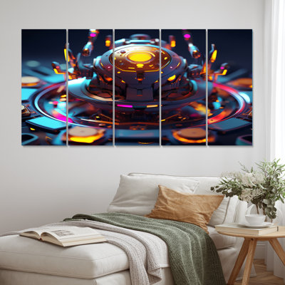 Sci-Fi Retro Futuristic Robot In Neon II - Robot, reproduction d'art sur toile - 5 panneaux égaux