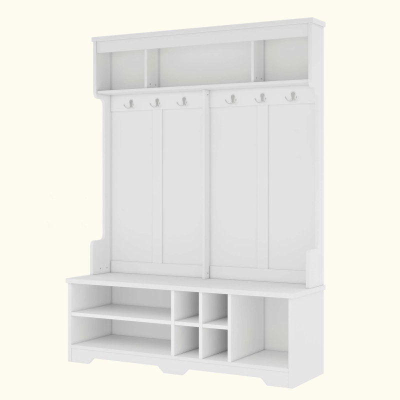 Modern Hallway Hall Tree With Metal Hooks And Storage Space, Multi-Functional Entryway Coat Rack With Shoe Cubbies, White