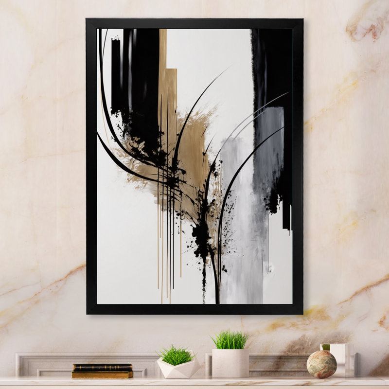 Avetik noir et blanc Expression II - art mural moderne sur toile, Toile avec cadre photo, H 40 po x l 30 po, Doré