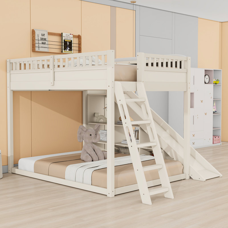 Loft Bed With Storage Shelves, Ladder, Guardrails And Built-In Slide, Beige, Queen
