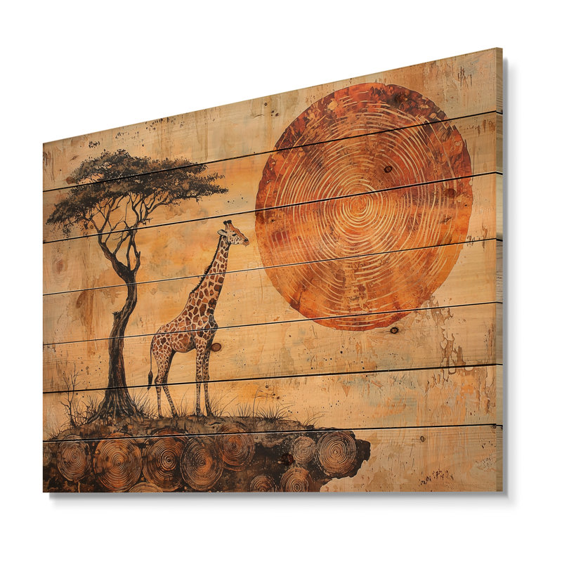 Girafe silencieuse dans un paysage africain III - Girafe, art mural sur bois de pin naturel, H 24 po x l 32 po