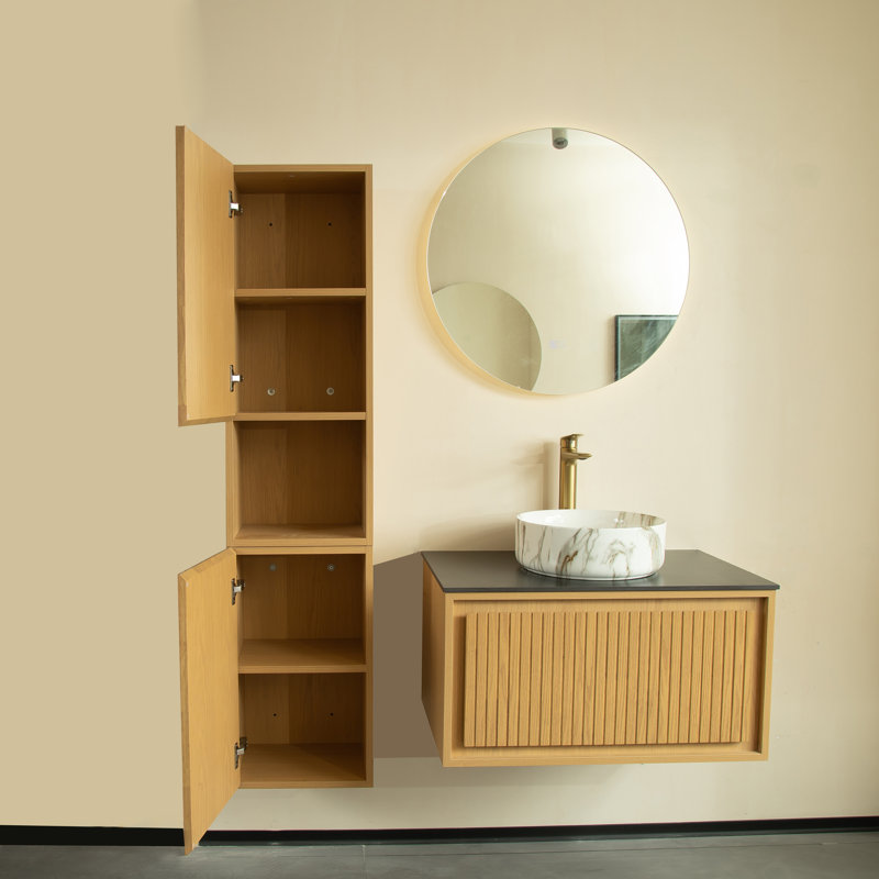 59" Height Wall-Mounted Light Oak Side Cabinet With Two Doors And Five Shelves, Golden Oak, 1