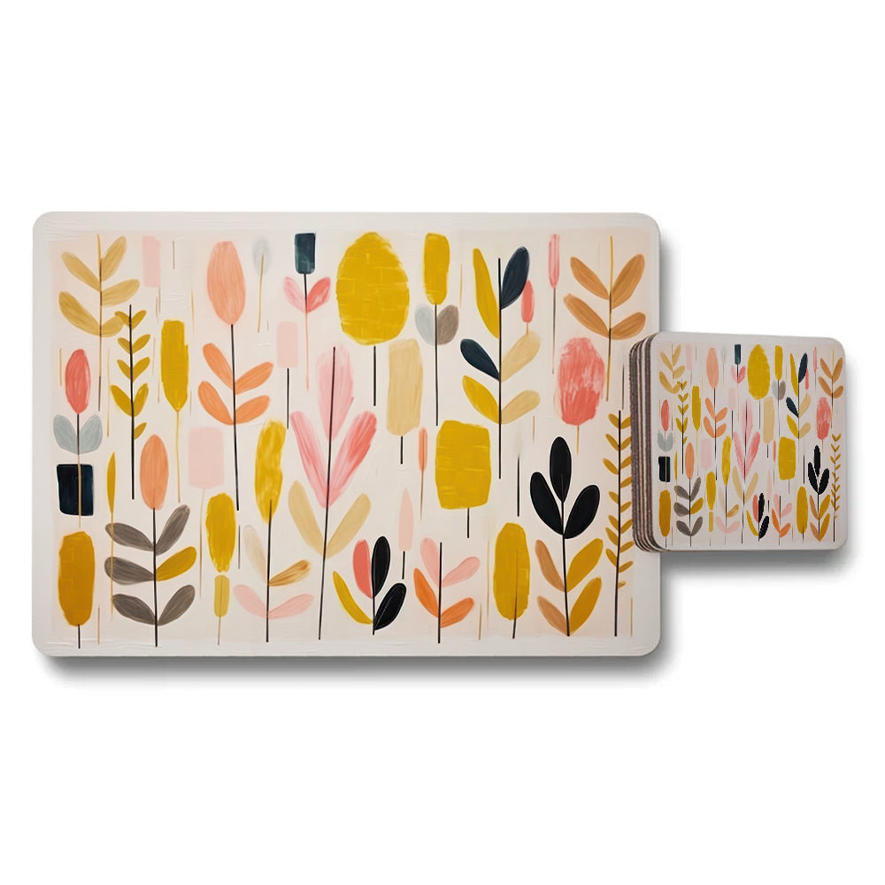 Abstract Floral Placemats And Coaster Set With Colorful Leaves