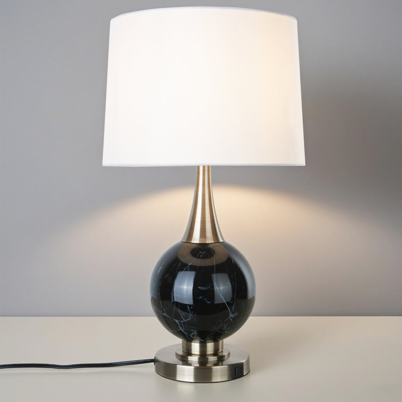 Lampe de table moderne en métal 23,5 po avec ports de charge USB-A et Type-C, commande tactile à intensité variable à 3 voies, laiton marbré noir / antique