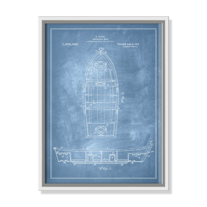«Boat 1 Blueprint - Blue - Floater Frame», impression sur toile, Cadre blanc, H 16 po x l 12 po x P 2 po