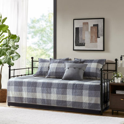 Housse de lit de jour grise - 6 pièces avec housse réversible en tissu écossais, taies décoratives et coussin décoratif 90% coton, 10% autre fibre, dossier en microfibre de 17 po de profondeur, 15 po 3 1 de style chalet rustique