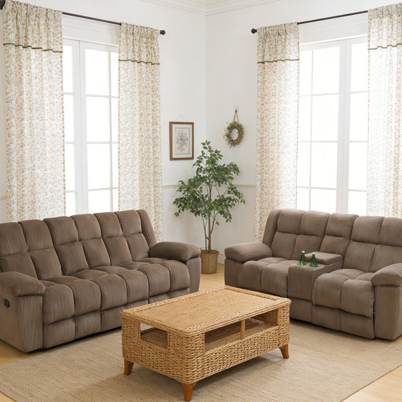 Ensemble de canapé brun trois pièces avec tissu épais et résistant à l'usure inclinable à 110-115 ° avec compartiment de rangement et porte-gobelet