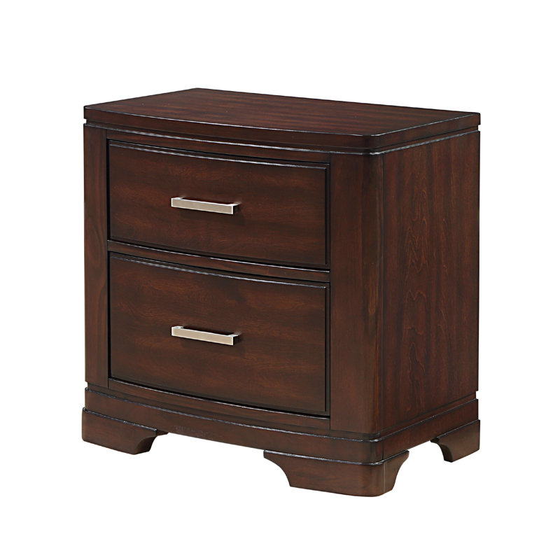 Hudy 2 Drawer Nightstand, 26 Inch, Birch Veneer, Cherry Brown