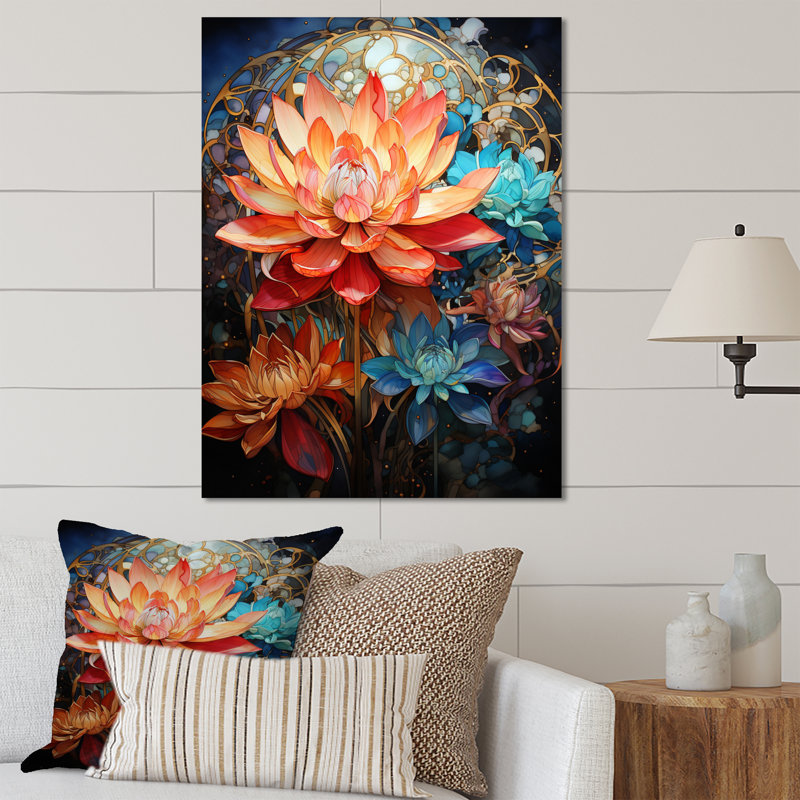 Mandala art bouddhiste orange et turquoise, H 20 po x l 12 po x P 1 po