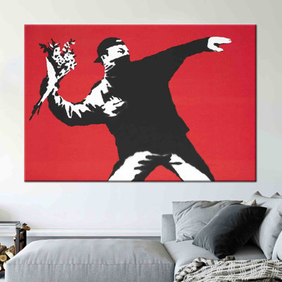 Toile de coton abstraite inspirée de l'art de la rue avec le lanceur de fleurs Banksy, idéal pour la décoration moderne de maison et de bureau
