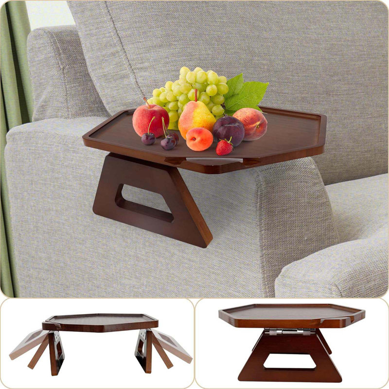 Sofa Arm Clip Table, Couch Arm Tray Table Wooden Side Tables For Wide Couches Armrest Table For Eating/Drinks/Snacks/Remote/Control (Brown+Bag)