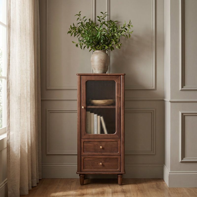 15.75"H Black Walnut Traditional Bookcase with Fluted Glass Door, Drawers