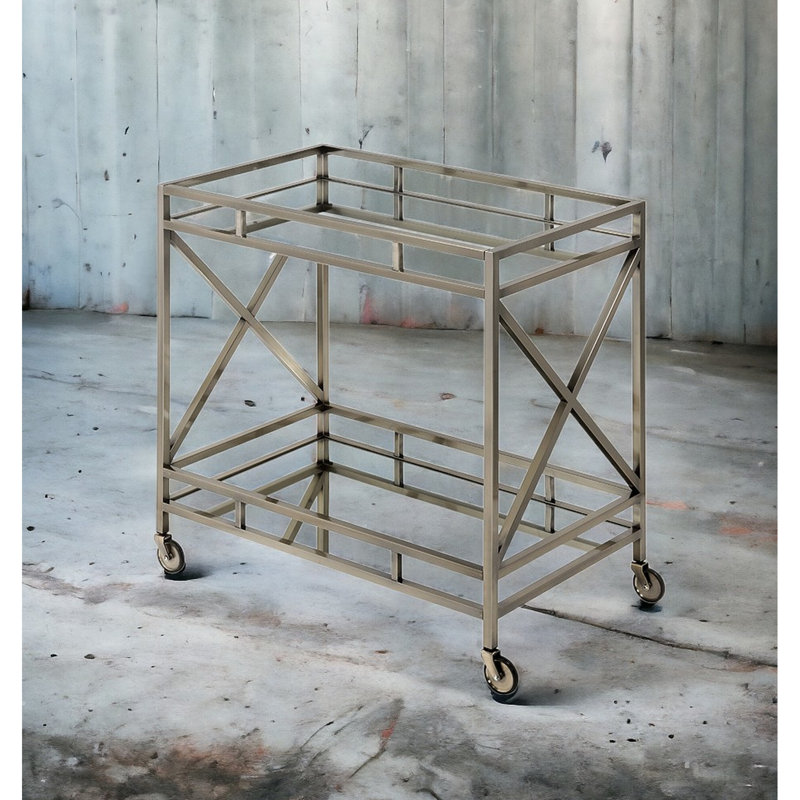 Mirrored Top Serving Cart With Antique Gold Frame And Open Storage Area In Compartment