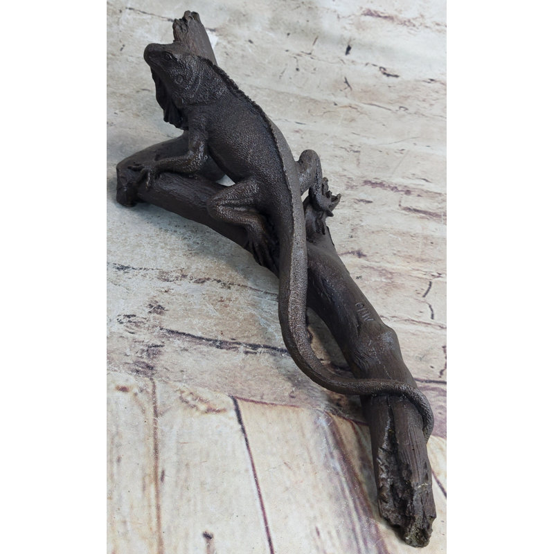 Bronze Iguana on Tree Branch Sculpture Hand Made Classic Reptile Artwork Statue