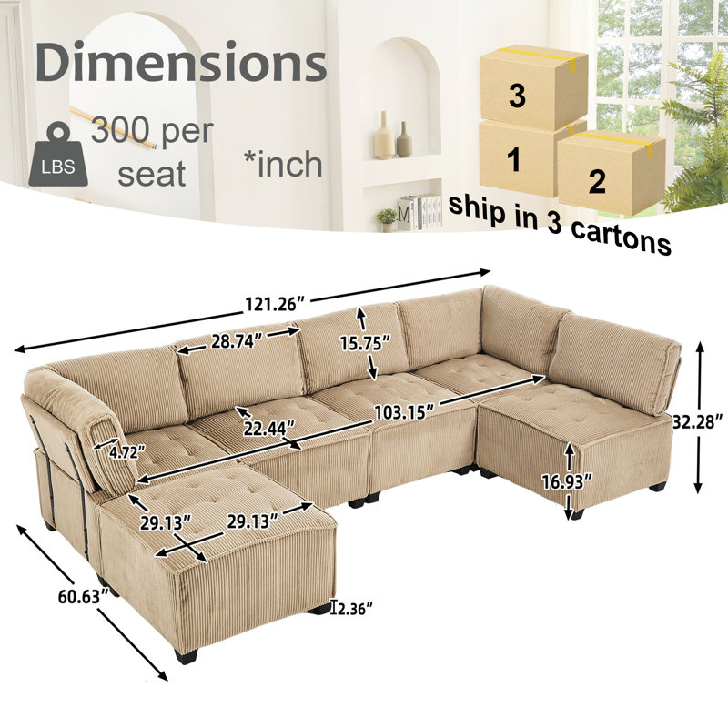 Arlynda 121.26"W Modular U-shape Sectional, RAF, LAF, Ottoman, Camel Corduroy