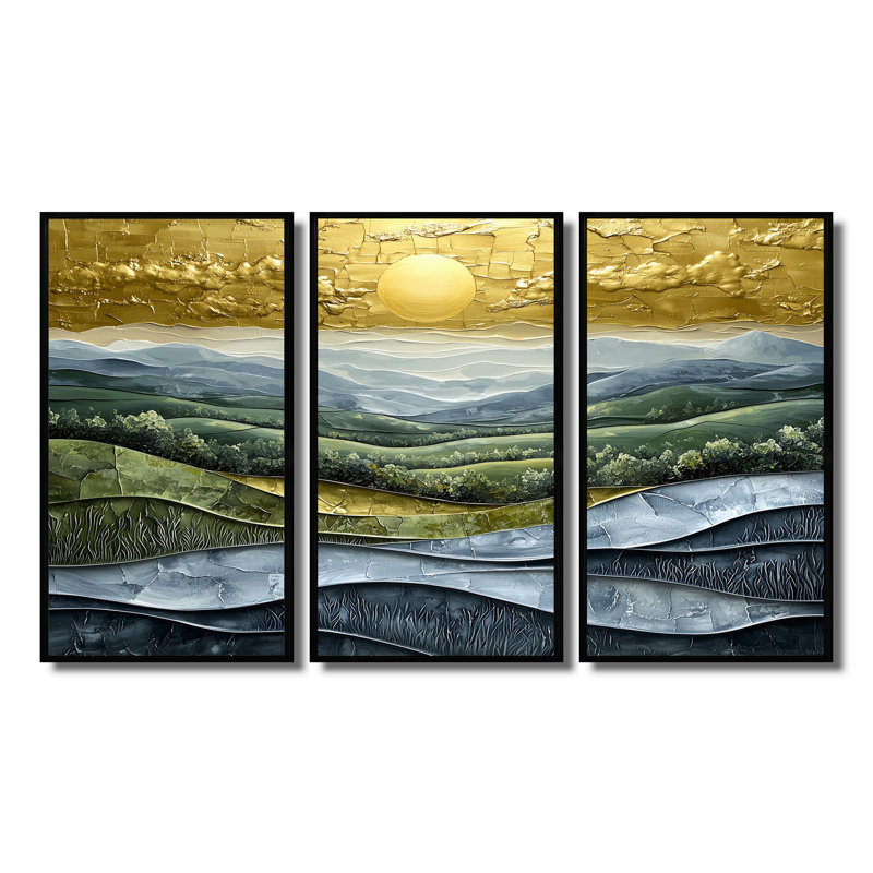 Ensemble de salon art mural vert Alpine Meadows Abstract Landscape I, Toile avec cadre flottant noir