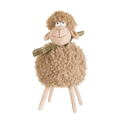 Fluffy Brown Wool Sheep Figurine with Plaid Scarf