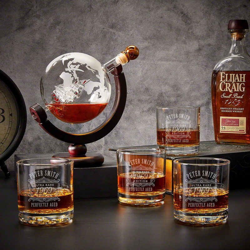 Personalized Globe Whiskey Decanter Set With Matching Rocks Glasses - 5pc, Yes