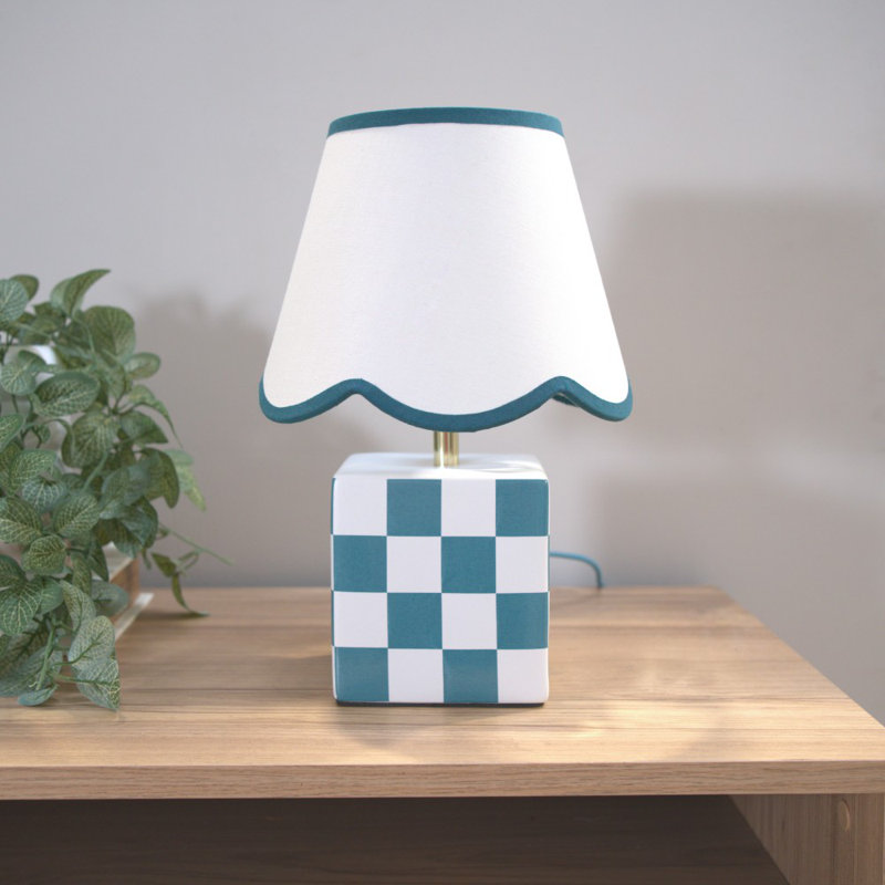 Evie Set of Ceramic Cube Checkered Table Lamp with Green Trim Linen Scallop Shade and LED Bulb, No