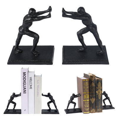 Man Decorative Vintage Cast Iron Bookends, Heavy Duty Decorative Book Ends For Shelves And Desk, Unique Antique Black Pushing Person Shape Book Holders, Cute Office And Home Decor