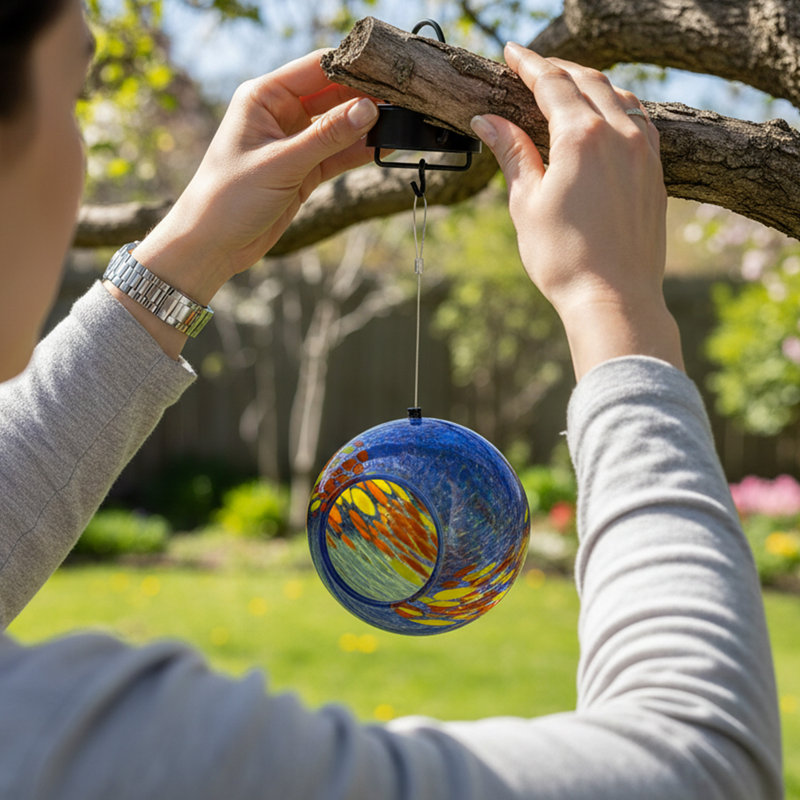 Mangeoire solaire pour oiseaux avec design en verre - feu et glace, Feu et glace
