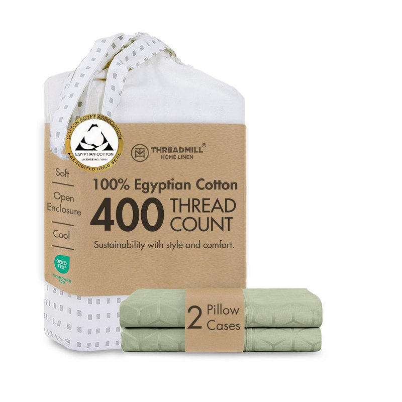 Threadmill 400 Thread Count Egyptian Cotton Pillowcase Set | Solid and Jacquard, Pillowcases - King, Sage Green Cadence