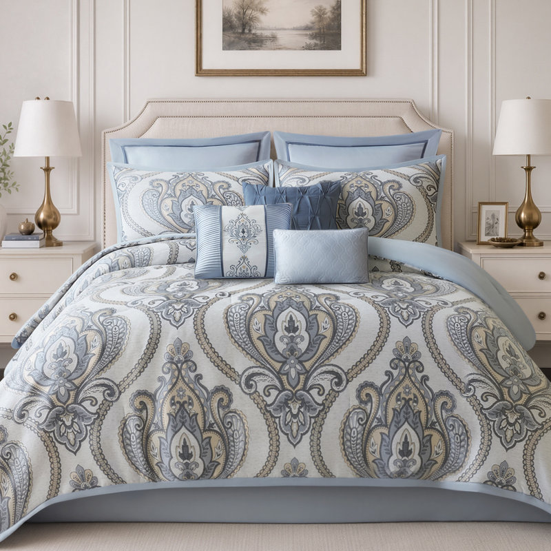 Ensemble de couette Aveline bleu jacquard chenille 9 pièces pour lit double/queen, Double/Grand