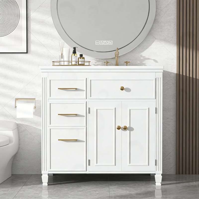 Meuble-lavabo de salle de bain avec lavabo en céramique, un tiroir basculant et une tablette réglable, Blanc