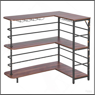Unité de bar pour la maison, armoire à vin en forme de L à 3 niveaux avec tablettes de rangement, patins réglables, lumière DEL, finition noyer et armoire à boissons en métal pour la maison, la cuisine, le salon, le pub, le sous-sol