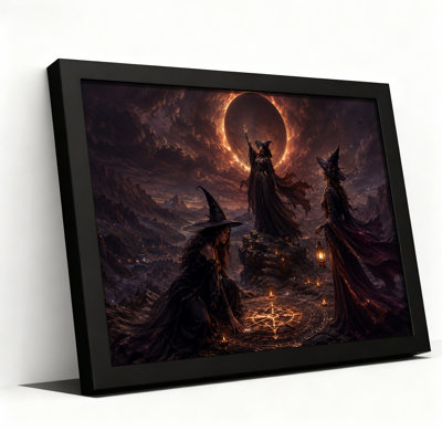 «Three Witches Casting Spell Under», art solaire sur toile rouge d'Halloween