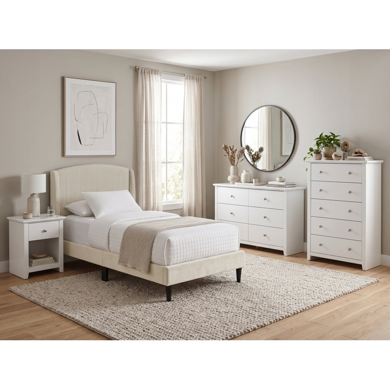 Ensemble de chambre à coucher Burdge 4 pièces, Beige / Blanc, 4 pièces: lit, 2 commodes, table de chevet, Grand lit