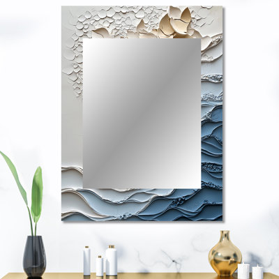 White And Blue Coastal Mosaic III - Coastal Decorative Mirror, White Wall Mirror, Printed Metal Art