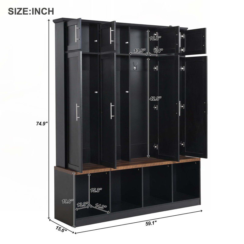 Hall Tree with 4 Hanging Hooks, Wood Grain Bench with Multiple Storage Space, Black