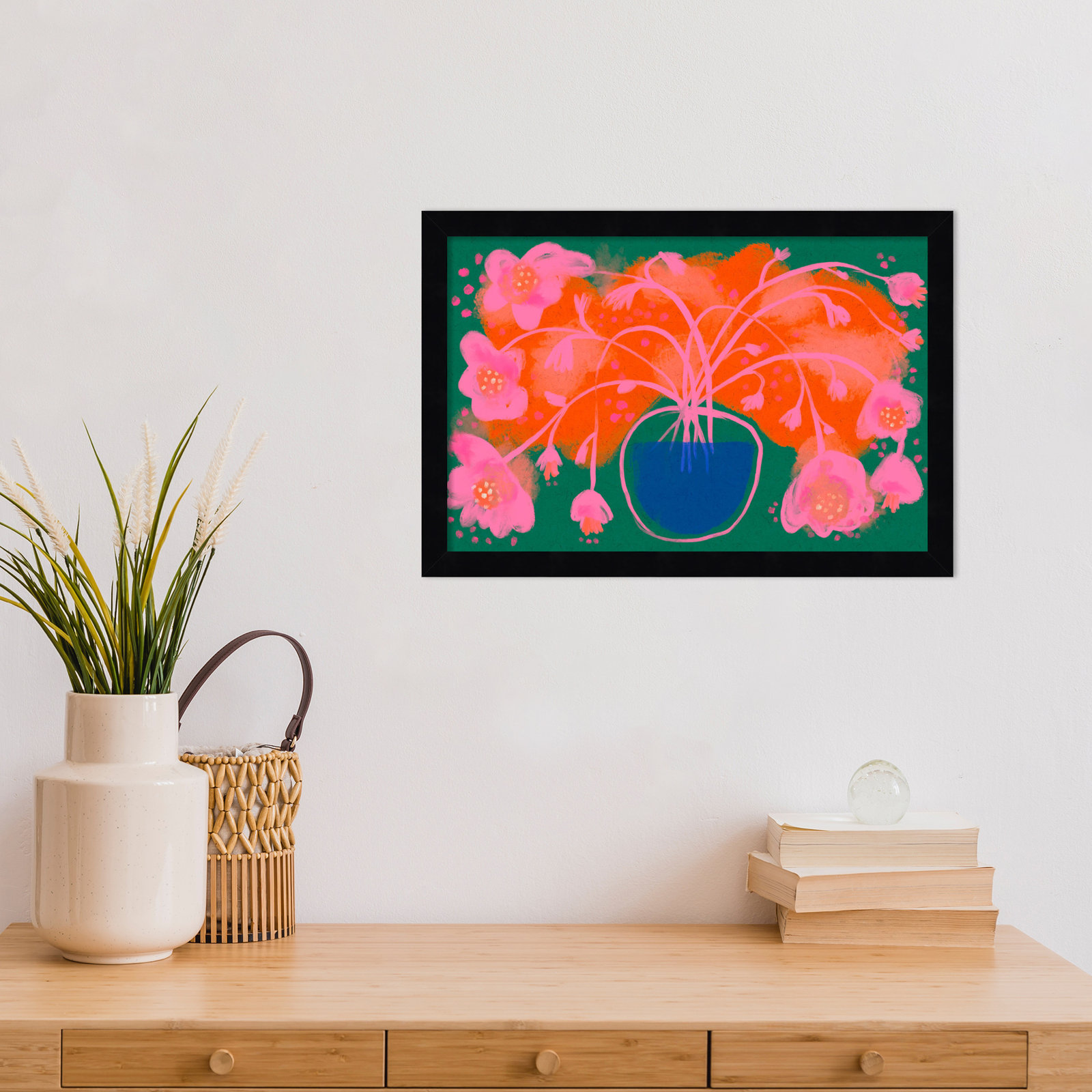 Galya "Pink Flower Bouquet" Print, Black, 12" H x 17" W