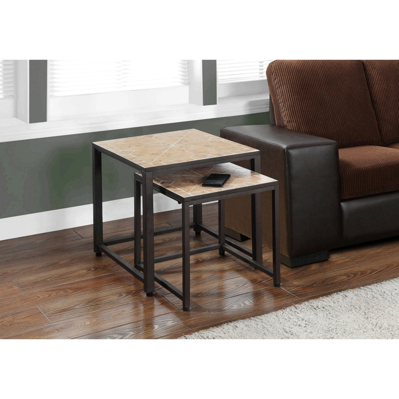 Table gigogne, ensemble de 2, côté, bout, métal, accent, salon, chambre à coucher, carrelage brun, métal brun, transitionnel