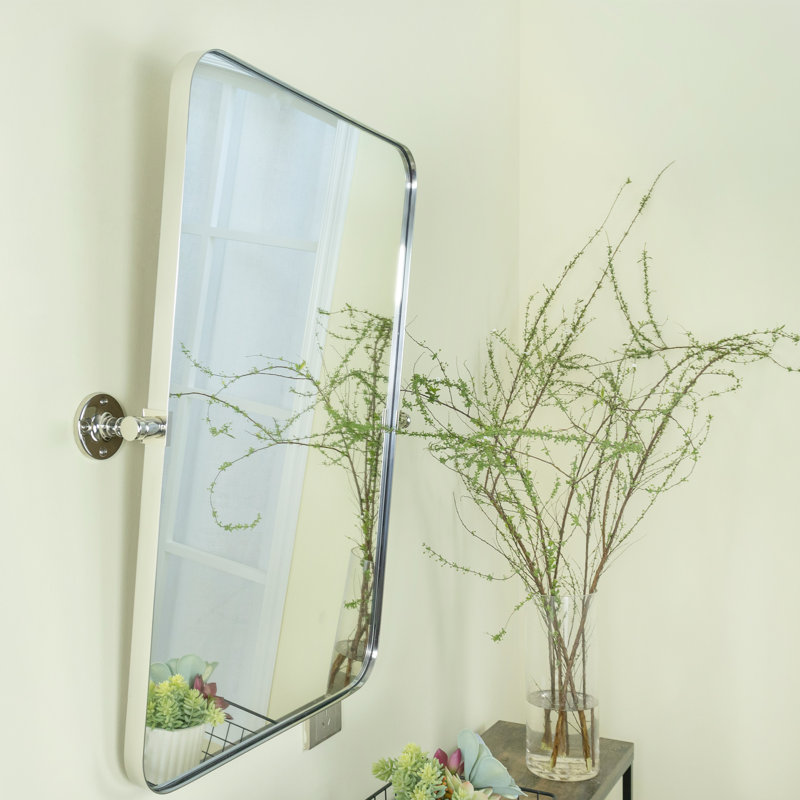 Aura Rounded 36" H x 24" W Small Rectangular Pivoting Metal Framed Wall Mounted Bathroom Vanity Mirror in Chrome, Chrome