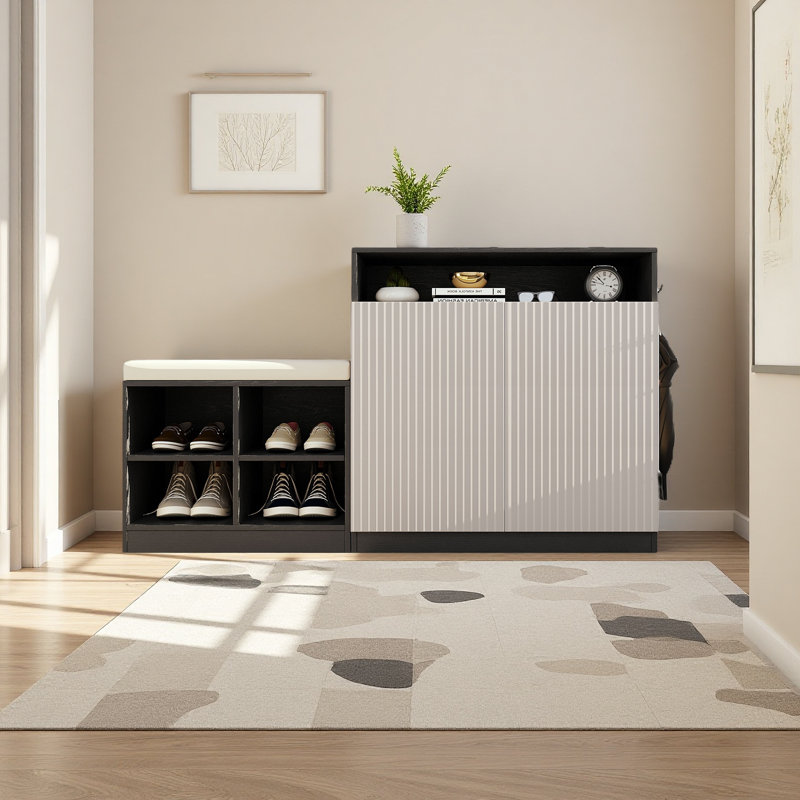 Armoire de salon avec banc à chaussures, 2 portes et 3 tablettes réglables à 3 niveaux, banc d'entrée avec 4 étagères à chaussures ouvertes et coussin amovible, console de rangement avec porte à lattes ondulées et crochets