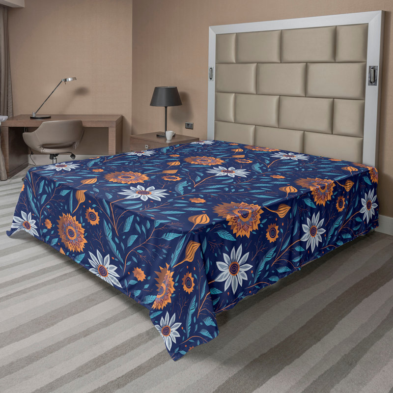 Floral Flat Sheet, Pale Orange Sea Blue