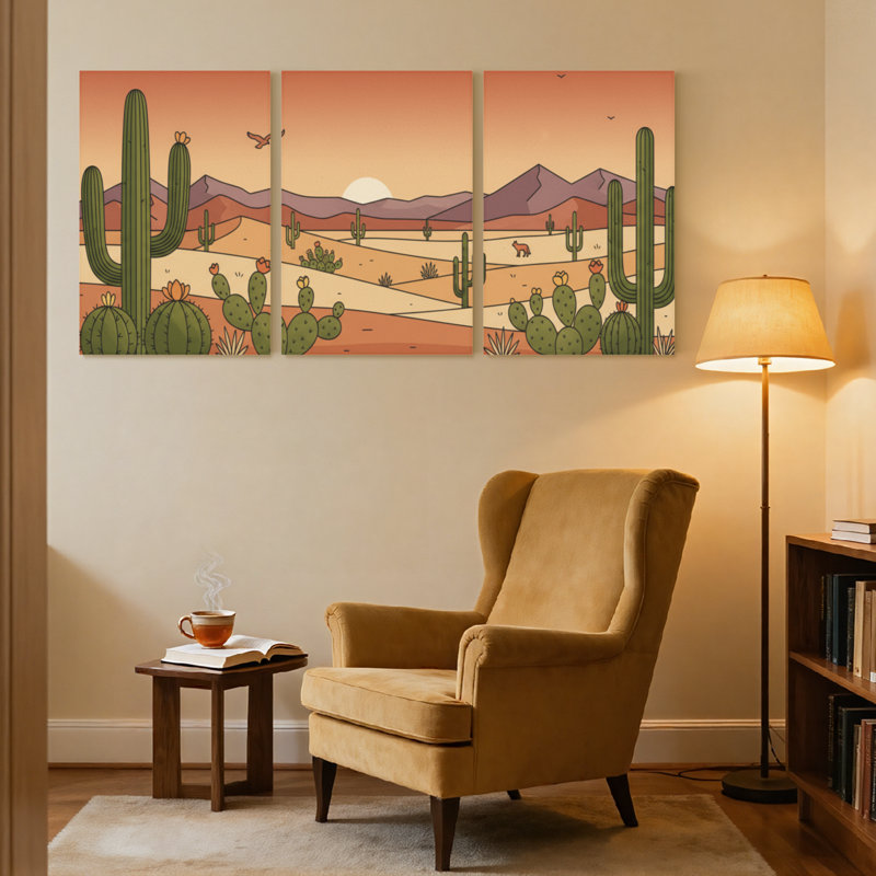 Paysage et nature, paysage désertique avec cactus et montagnes, ensemble de 3 impressions sur toile, H 24 po x l 48 po