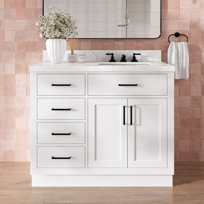 Tidworth 42'' Solid Wood Single Bathroom Vanity with 1.5'' Carrara Quartz Top, Rectangular, White, Right
